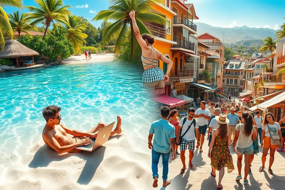 Um nômade digital aproveitando seu estilo de vida em várias localidades.