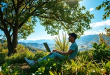 Pessoa trabalhando em um laptop em meio à natureza, simbolizando o estilo de vida de um nômade digital.