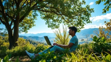 Pessoa trabalhando em um laptop em meio à natureza, simbolizando o estilo de vida de um nômade digital.