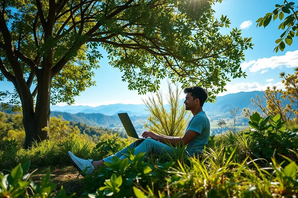 Pessoa trabalhando em um laptop em meio à natureza, simbolizando o estilo de vida de um nômade digital.