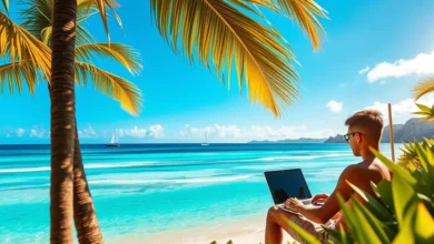 Pessoa trabalhando em um laptop na praia.