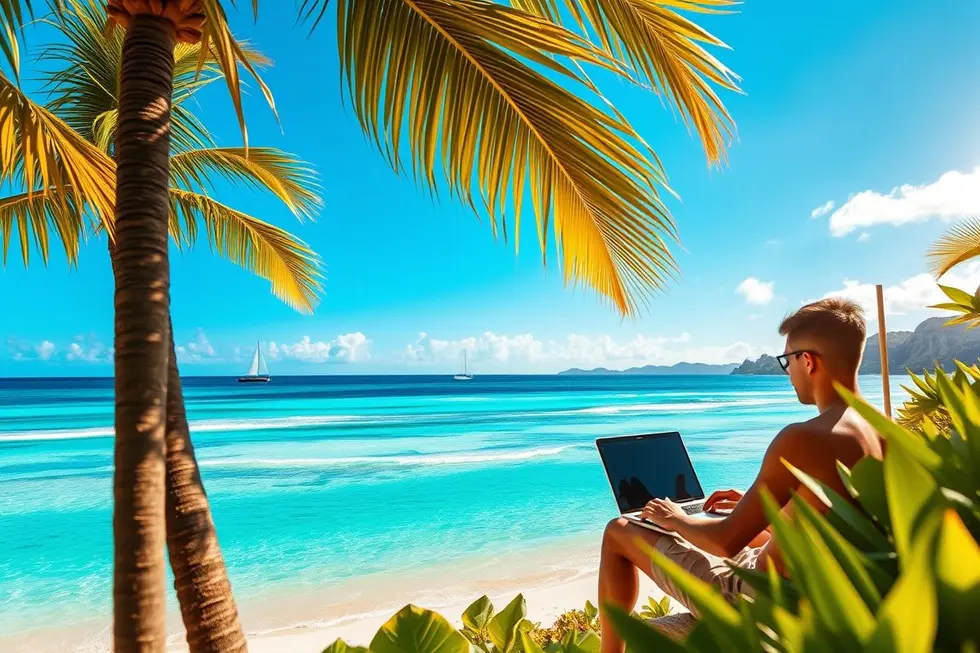 Pessoa trabalhando em um laptop na praia.