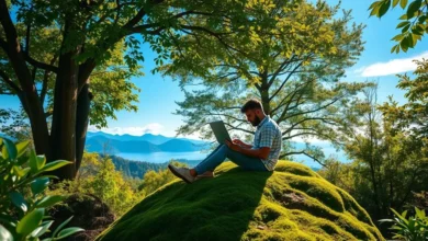 Nômade digital trabalhando em um laptop em um ambiente natural.