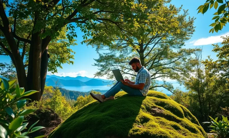 7 Estratégias para Atrair Mais Clientes como Nômade Digital - Web Nômade Digital Nômade digital trabalhando em um laptop em um ambiente natural.