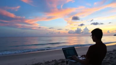 Nômade digital ao pôr do sol na praia, simbolizando a beleza do trabalho remoto.