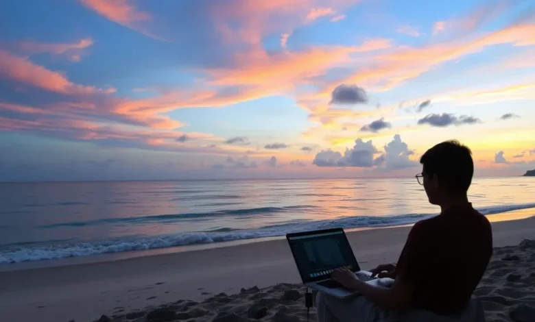 7 Mitos e Verdades sobre Empreender que Todo Nômade Digital Deve Conhecer - Web Nômade Digital Nômade digital ao pôr do sol na praia, simbolizando a beleza do trabalho remoto.