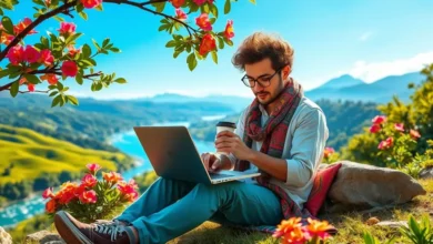 Nômade digital trabalhando em um local bonito, representando a liberdade e a conexão.