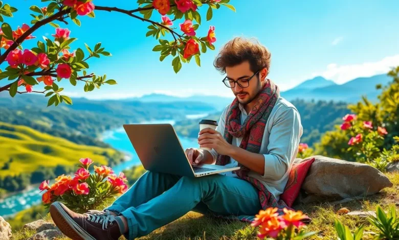 Nômade digital trabalhando em um local bonito, representando a liberdade e a conexão.