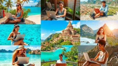 Diversidade de nômades digitais em lugares exóticos.