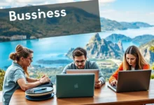 Grupo de nômades digitais colaborando em um ambiente inspirador.