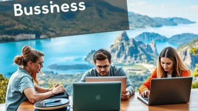 Grupo de nômades digitais colaborando em um ambiente inspirador.