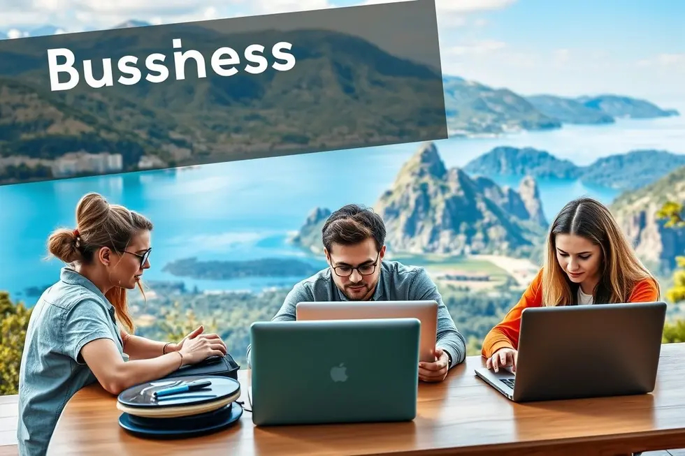 Grupo de nômades digitais colaborando em um ambiente inspirador.