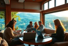 Grupo diversificado de nômades digitais colaborando.