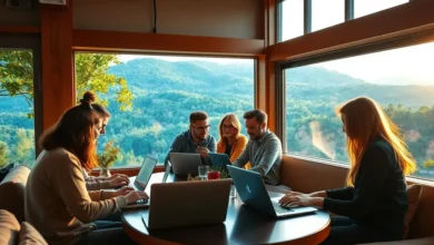 Grupo diversificado de nômades digitais colaborando.
