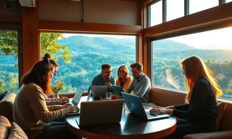 Grupo diversificado de nômades digitais colaborando.