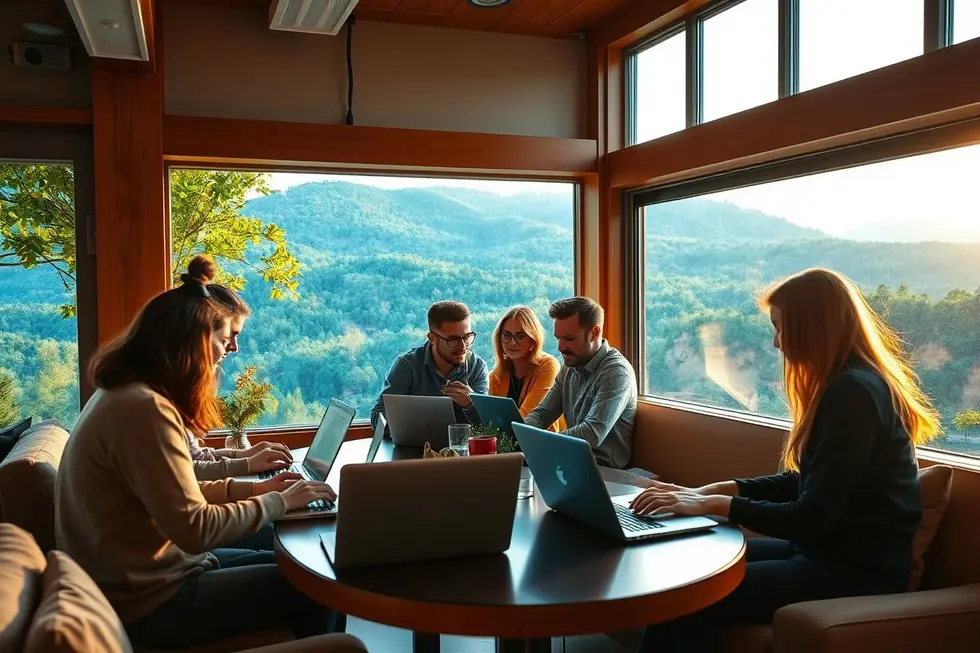 Grupo diversificado de nômades digitais colaborando.