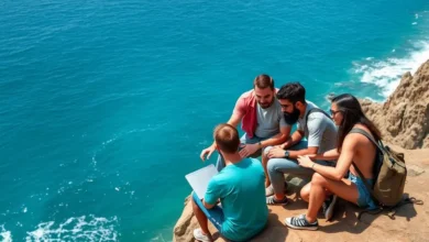 Nômades digitais reunidos trabalhando juntos ao ar livre.