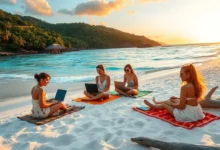 Nômades digitais trabalhando em laptops na praia, simbolizando liberdade.