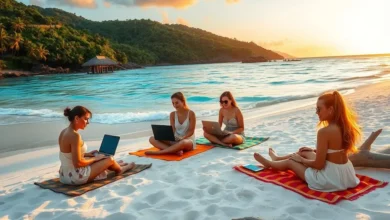 Nômades digitais trabalhando em laptops na praia, simbolizando liberdade.