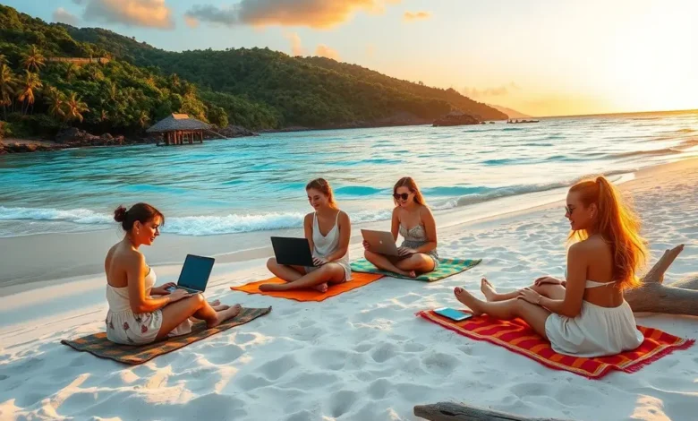 7 Estratégias para Aumentar a Lucratividade do Seu Negócio em 2025 - Web Nômade Digital Nômades digitais trabalhando em laptops na praia, simbolizando liberdade.