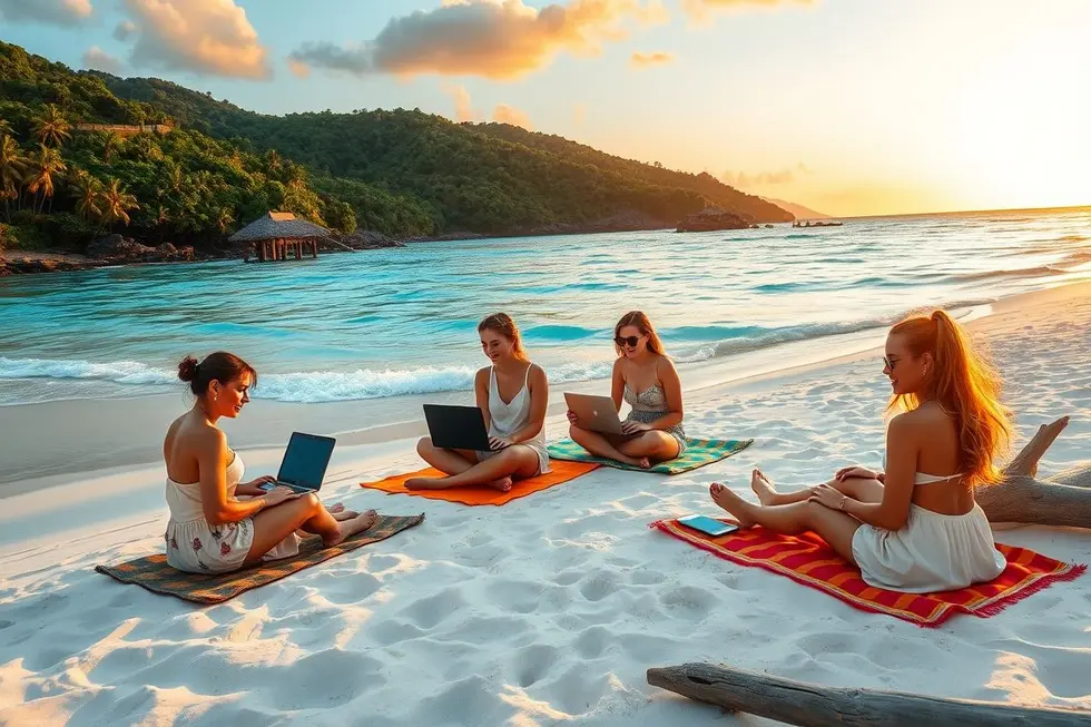 Nômades digitais trabalhando em laptops na praia, simbolizando liberdade.