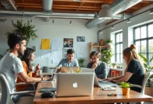 Nômades digitais colaborando em um ambiente de co-working inspirador.