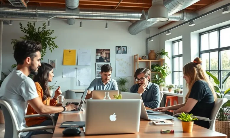 7 Estratégias Infalíveis para Atraír Clientes como Freelancer - Web Nômade Digital Nômades digitais colaborando em um ambiente de co-working inspirador.