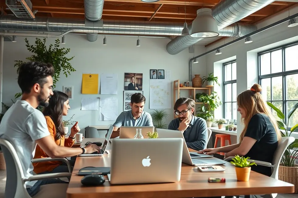 Nômades digitais colaborando em um ambiente de co-working inspirador.