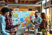 Grupo diversificado de empreendedores digitais discutindo estratégias.