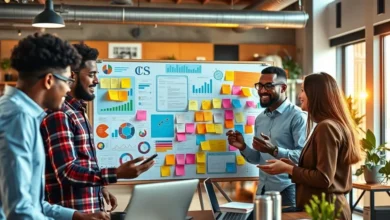 Grupo diversificado de empreendedores digitais discutindo estratégias.
