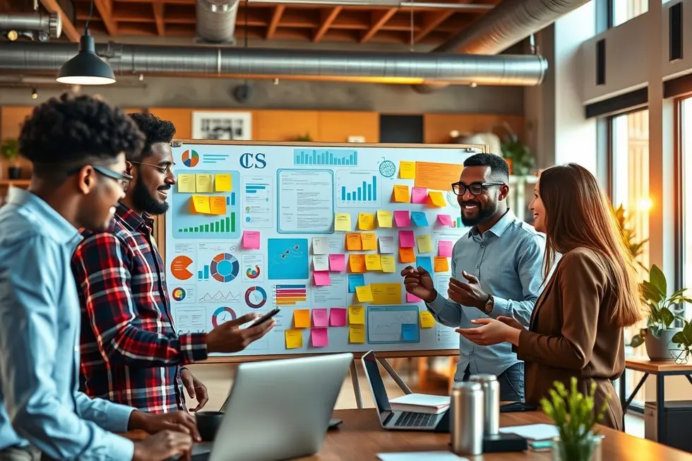 Grupo diversificado de empreendedores digitais discutindo estratégias.