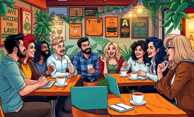 Os 7 Mitos Sobre Empreender que Você Precisa Conhecer Antes de Começar - Web Nômade Digital Ilustração vibrante de empreendedores em uma cafeteria.