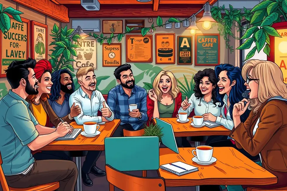 Ilustração vibrante de empreendedores em uma cafeteria.