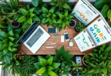 Vista aérea de um escritório ecológico, simbolizando crescimento sustentável.