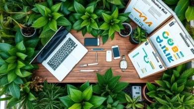 Vista aérea de um escritório ecológico, simbolizando crescimento sustentável.