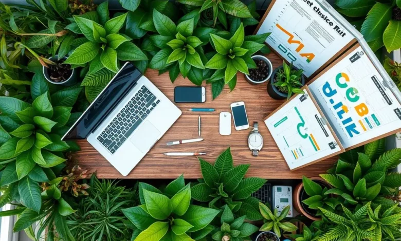 6 Estratégias para Escalar seu Negócio Digital com Crescimento Sustentável - Web Nômade Digital Vista aérea de um escritório ecológico, simbolizando crescimento sustentável.