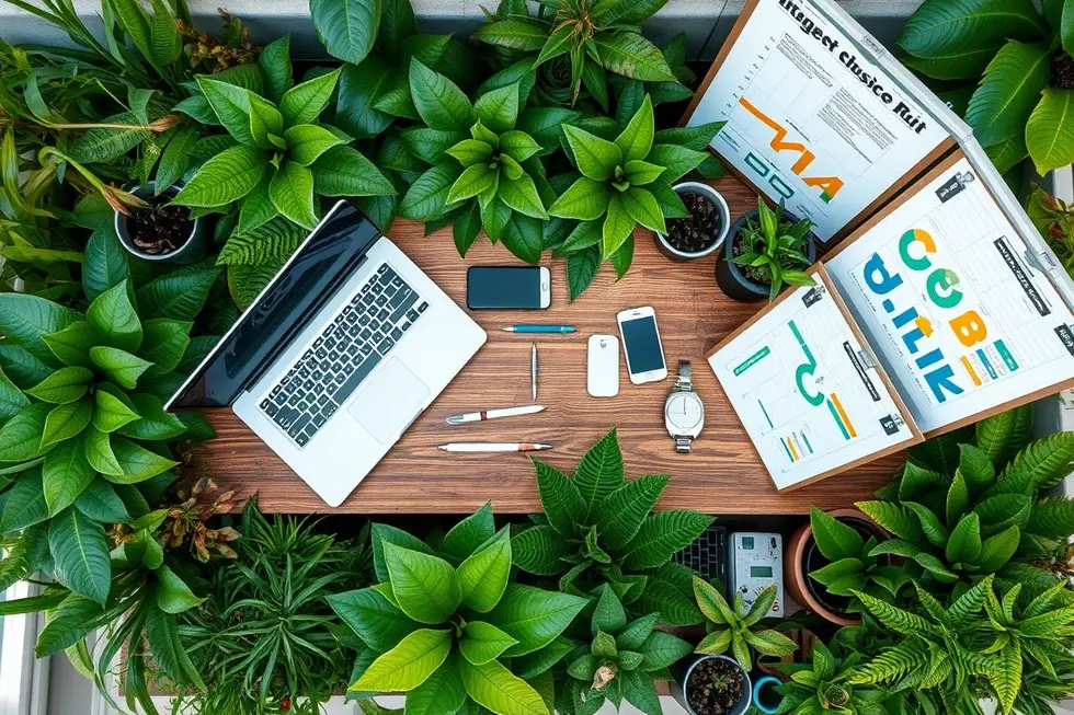 Vista aérea de um escritório ecológico, simbolizando crescimento sustentável.