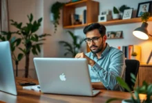 Um empreendedor trabalhando em um laptop em um ambiente de escritório em casa.