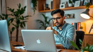 Um empreendedor trabalhando em um laptop em um ambiente de escritório em casa.