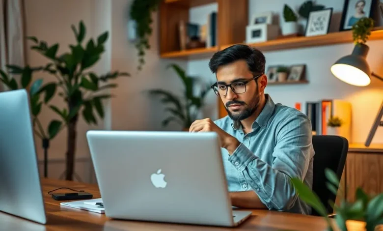 Um empreendedor trabalhando em um laptop em um ambiente de escritório em casa.