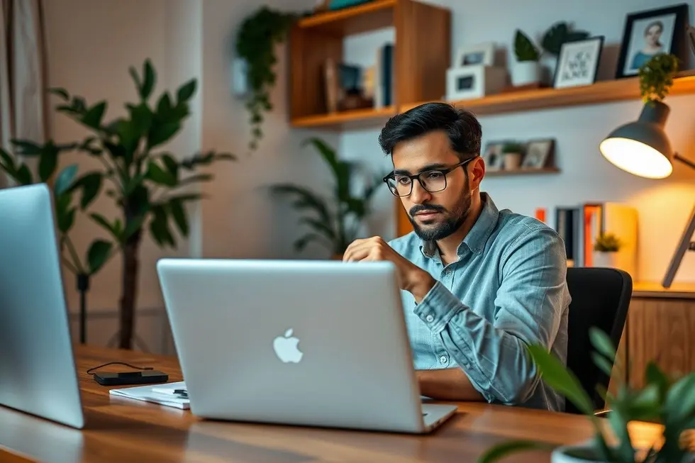 Um empreendedor trabalhando em um laptop em um ambiente de escritório em casa.