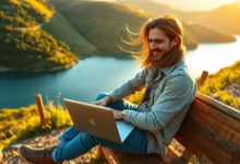 Empreendedor digital trabalhando em uma localização cênica, simbolizando liberdade e flexibilidade.