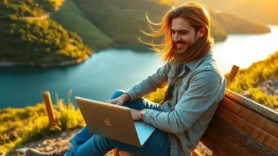 Empreendedor digital trabalhando em uma localização cênica, simbolizando liberdade e flexibilidade.