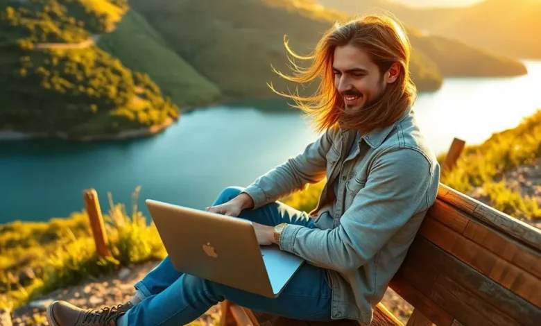 7 Estratégias Infalíveis para Aumentar a Lucratividade do Seu Negócio Digital - Web Nômade Digital Empreendedor digital trabalhando em uma localização cênica, simbolizando liberdade e flexibilidade.