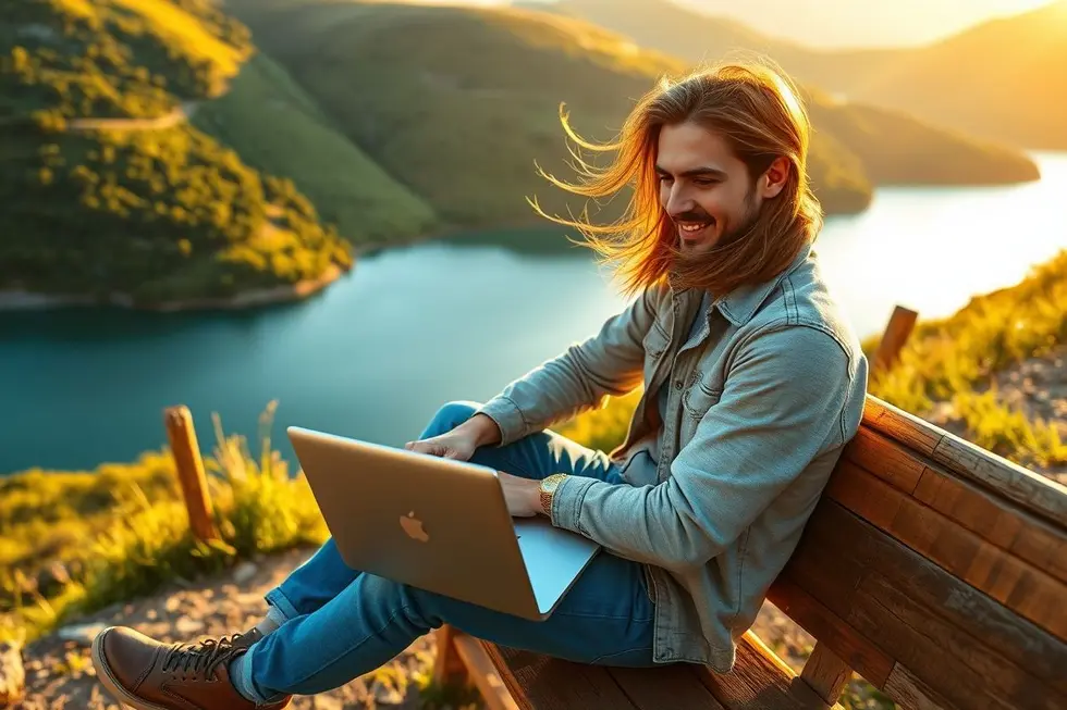 Empreendedor digital trabalhando em uma localização cênica, simbolizando liberdade e flexibilidade.