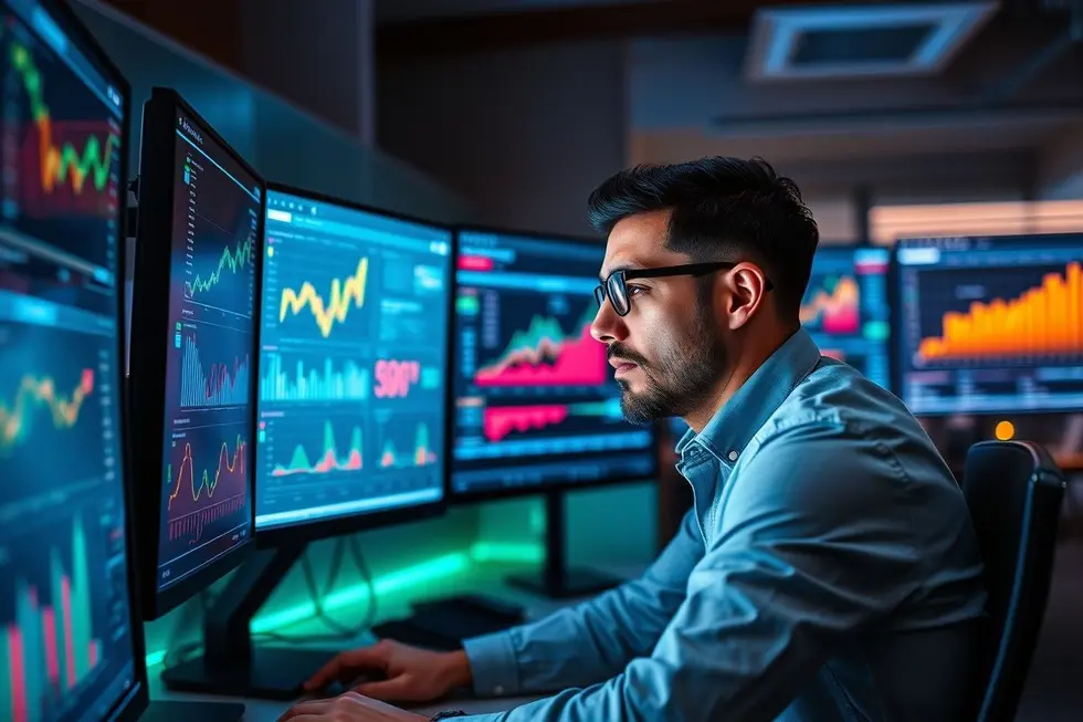Empreendedor digital analisando métricas de sucesso.