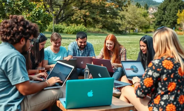 7 Estratégias de Gestão Estratégica para Aumentar Lucros Incríveis - Web Nômade Digital Empreendedores e nômades digitais discutindo estratégias.