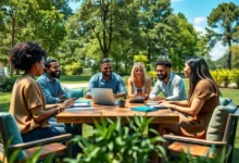 Grupo de empreendedores em uma reunião ao ar livre, discutindo sustentabilidade.