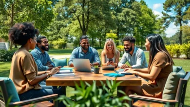 Grupo de empreendedores em uma reunião ao ar livre, discutindo sustentabilidade.