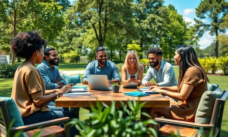 Grupo de empreendedores em uma reunião ao ar livre, discutindo sustentabilidade.
